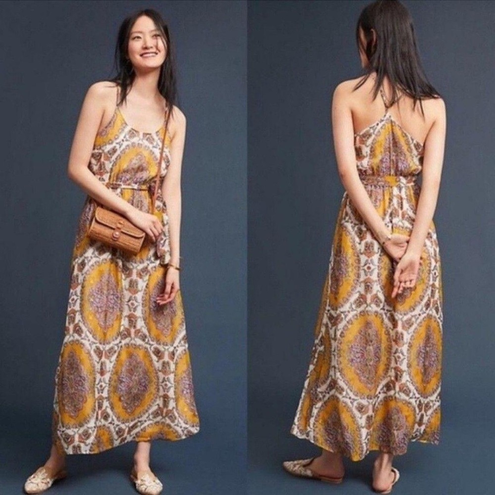 Anthropologie Gold, White, multicolored Halter Maxi Dress